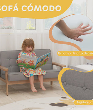 Grijze Kinderbank - Zachte Pluche 2-zits Sofa met Houten Frame