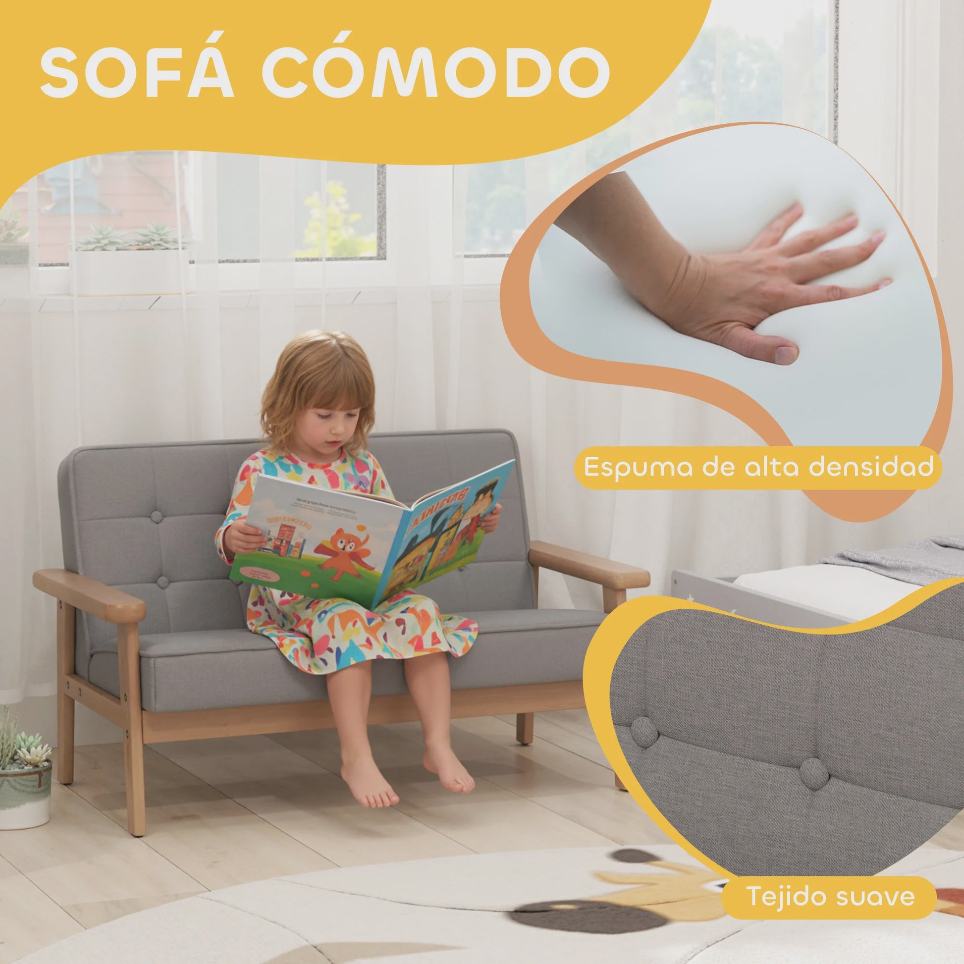 Grijze Kinderbank - Zachte Pluche 2-zits Sofa met Houten Frame