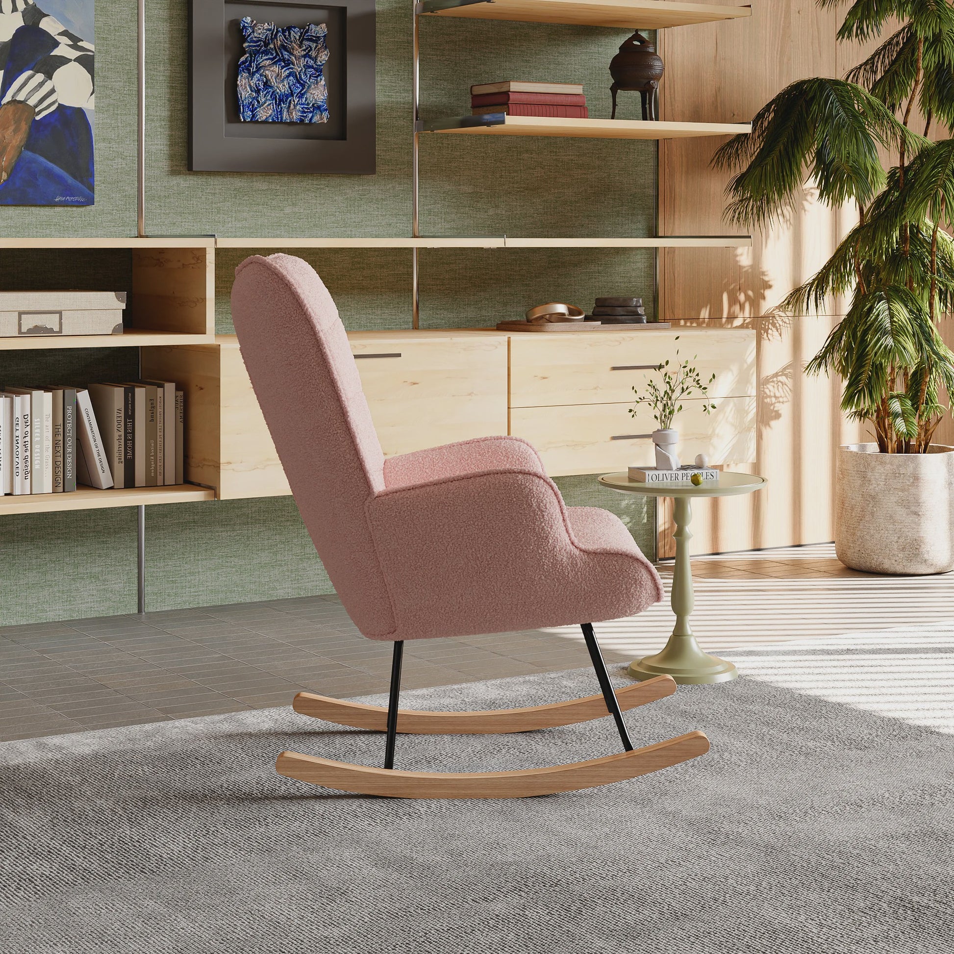 Roze Teddy Fluweel Schommelstoel met Armleuningen - Comfortabele Fauteuil voor Woonkamer & Slaapkamer