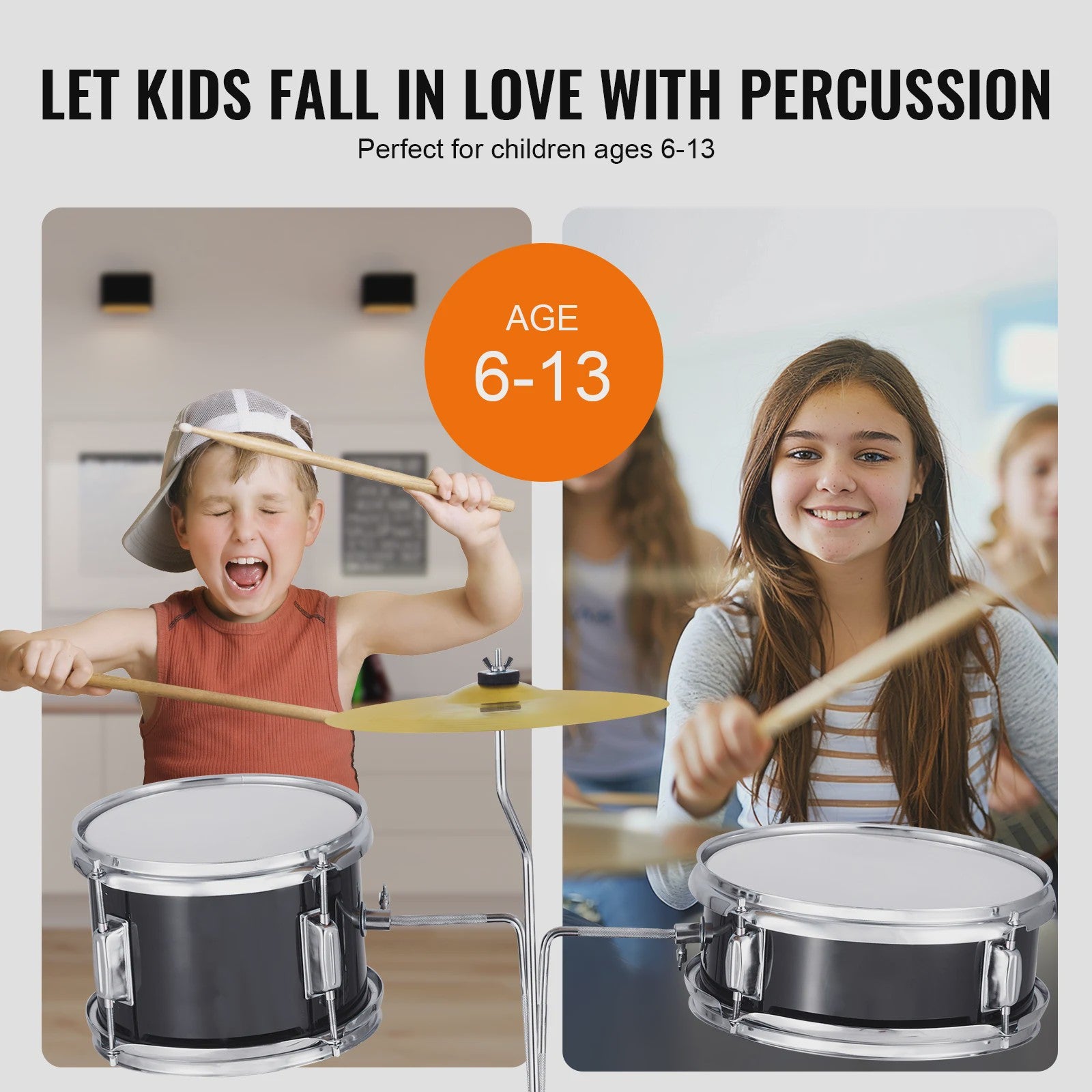 3-delige Kinder Drumstel Set 14 inch - Inclusief Krukje, Bekken & Stokken - Zwart/Blauw