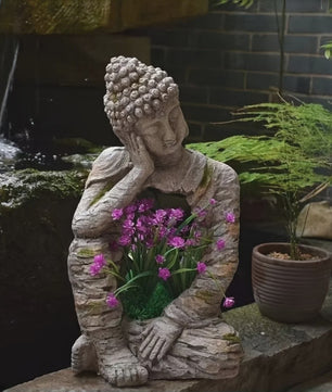 Retro Verweerd Buddha Beeld met Bloembak - Zen Tuindecoratie
