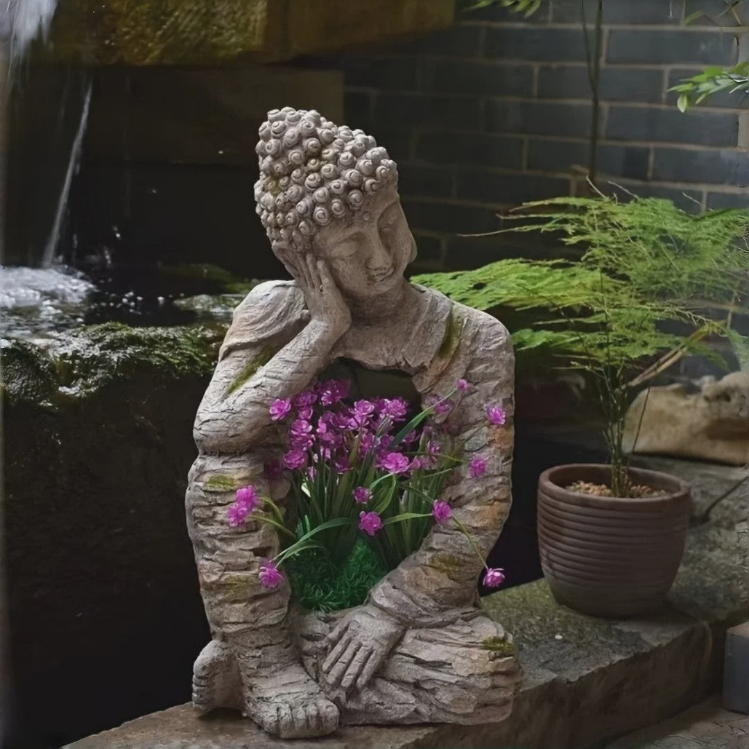 Retro Verweerd Buddha Beeld met Bloembak - Zen Tuindecoratie