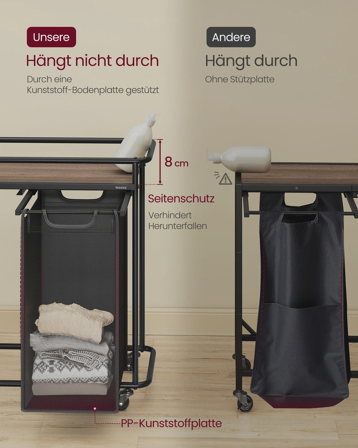 VASAGLE Wasmand met 3 Vakken en Wielen - 150L Sorteerder met Plank - Zwartbruin