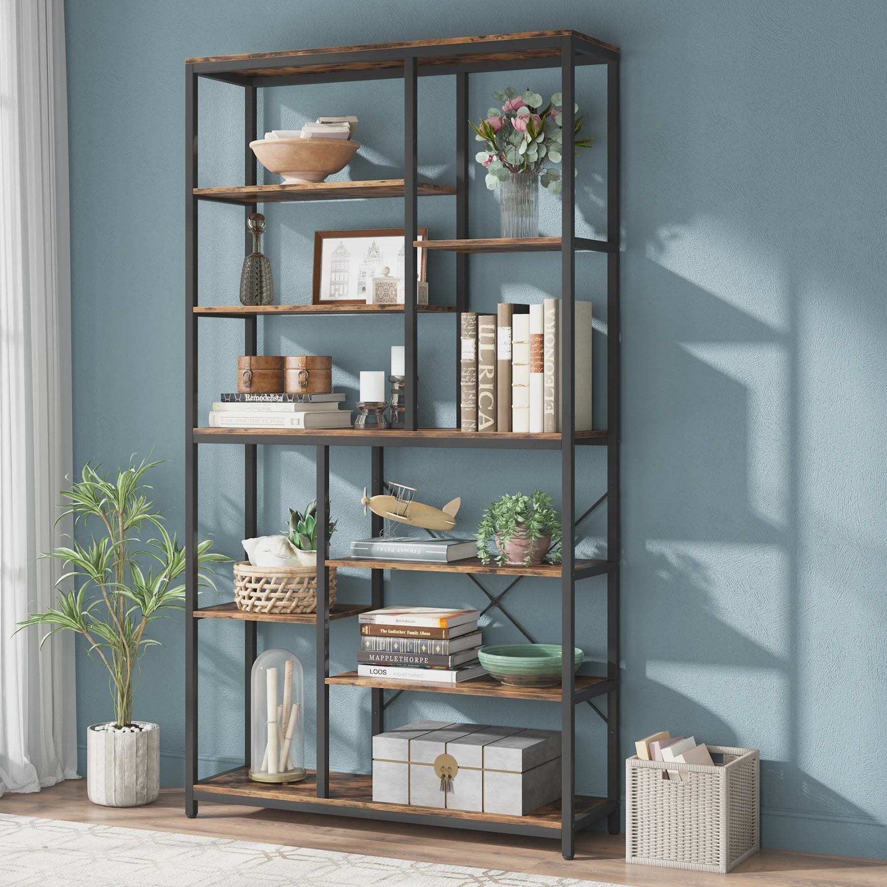 Industriële Boekenkast 79 Inch - 9 Lagen, 10 Vakken Open Opbergrek
