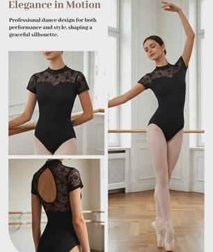 Dames Ballet Leotard met Kant en Hoge Hals - Korte Mouwen & Holle Rug