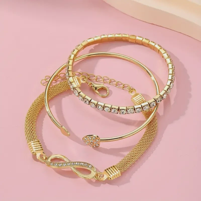 Set van 3 Vintage Kristallen Armbanden voor Dames - Hart, Oneindigheid & Geometrisch Design