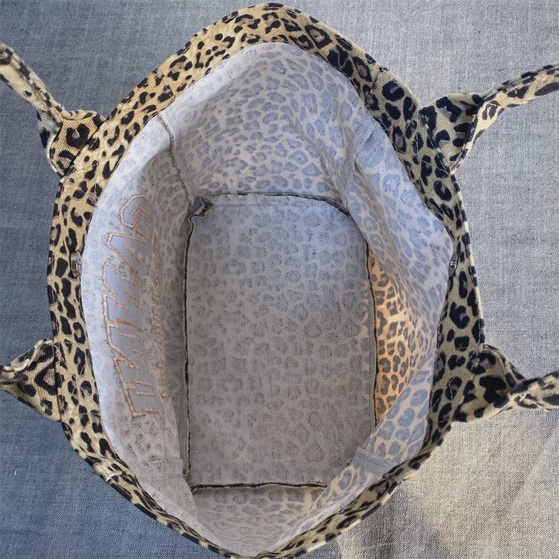 Unisex Canvas Shopper met Luipaardprint en Borduring - Stijlvolle Tote Bag voor Dagelijks Gebruik