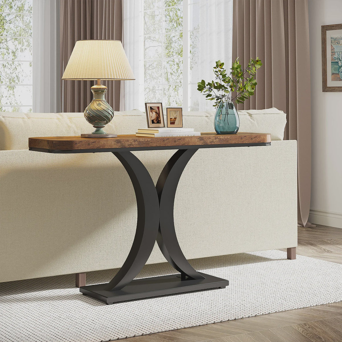 Tribesigns Industriële Console Tafel - 100cm Smalle Entree Tafel met Geometrische Basis en Rustiek Hout Design