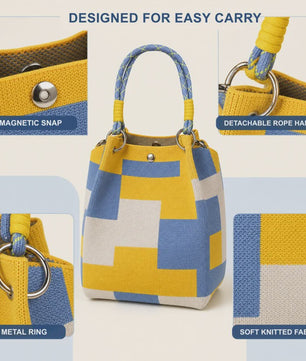 Mini Gebreide Bucket Bag Dames - Kleurrijk Colorblock Polstasje met Afneembare Handgreep