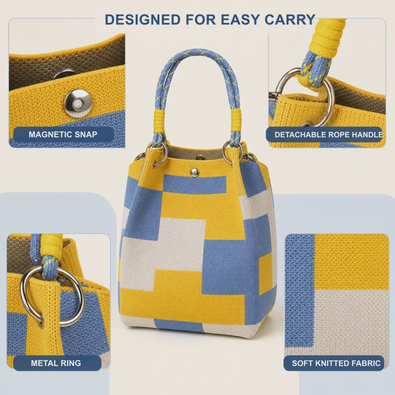 Mini Gebreide Bucket Bag Dames - Kleurrijk Colorblock Polstasje met Afneembare Handgreep