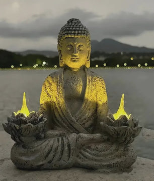 Zonne-energie Lotus Boeddha Beeld met LED Verlichting - Decoratie voor Tuin, Patio & Yoga