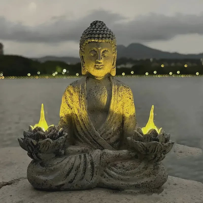 Zonne-energie Lotus Boeddha Beeld met LED Verlichting - Decoratie voor Tuin, Patio & Yoga