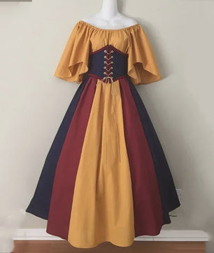 Middeleeuwse Retro Jurk met Contrastkleuren en Off-Shoulder Halslijn