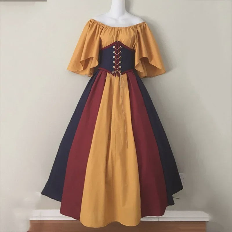 Middeleeuwse Retro Jurk met Contrastkleuren en Off-Shoulder Halslijn