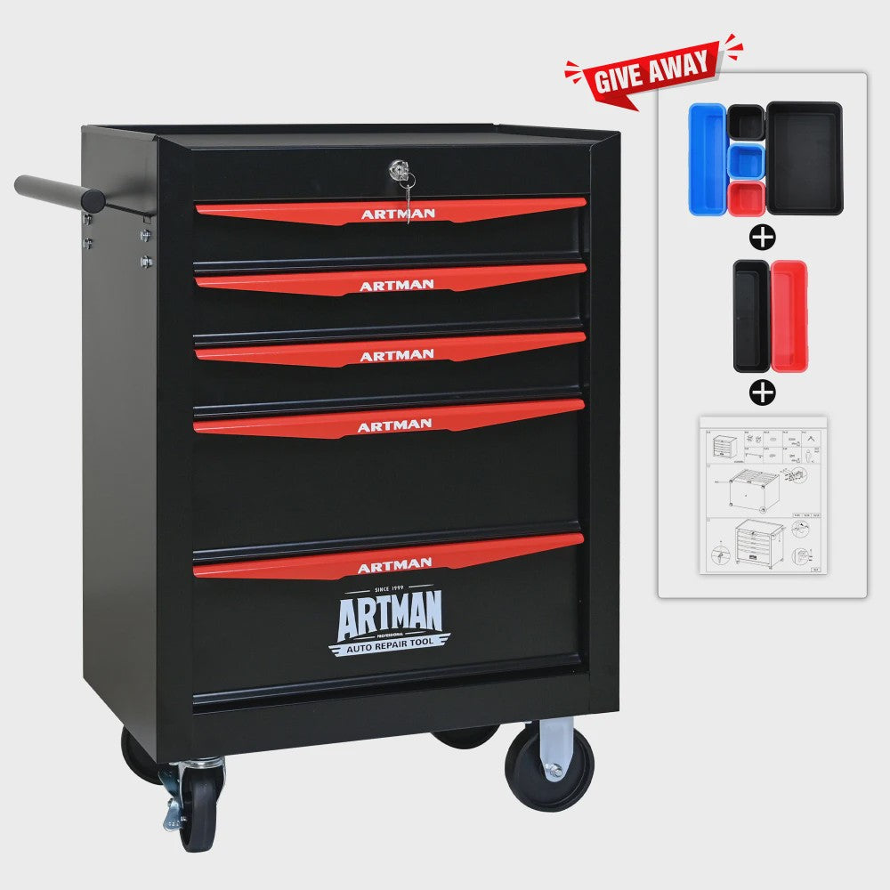 Mobiele Gereedschapswagen met 5 Lades - Zwart/Rood
