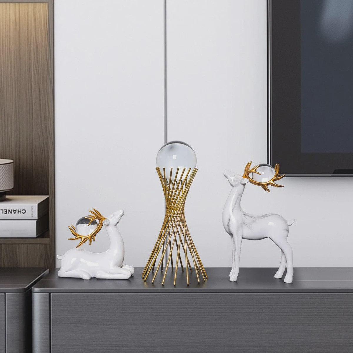 Luxe Gouden Herten & Kristallen Bol Decoratie Set voor Woonkamer Tafelblad