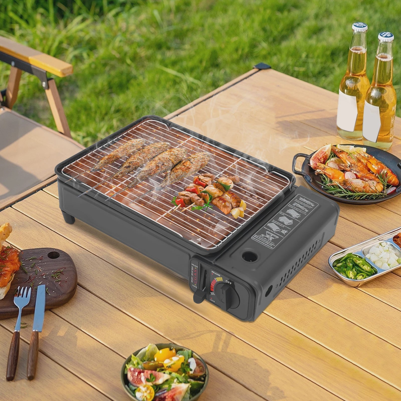 Draagbare Gas BBQ Grill & Kooktoestel - 2.2KW Outdoor Camping LPG/Butaan met Koffer