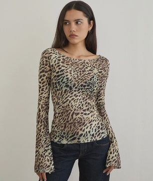 Dames Mesh Shirt met Zebra & Luipaardprint - Off-Shoulder Lange Mouwen
