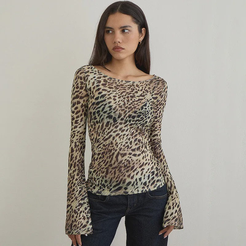 Dames Mesh Shirt met Zebra & Luipaardprint - Off-Shoulder Lange Mouwen