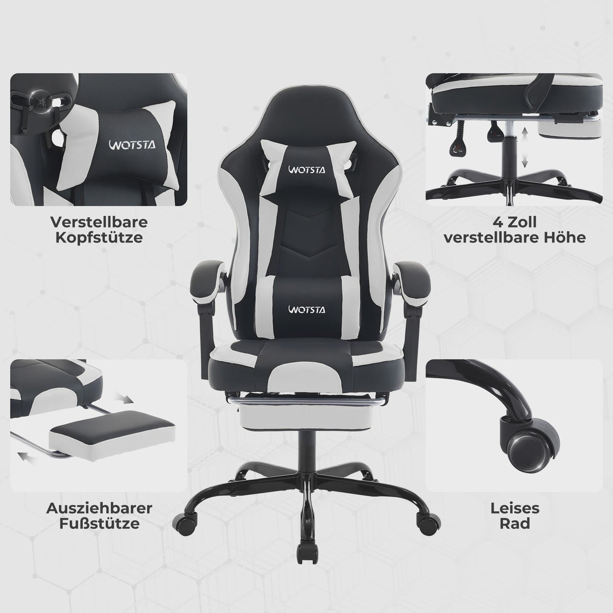 Ergonomische Gaming Stoel met Voetensteun & Lendekussen - Verstelbaar