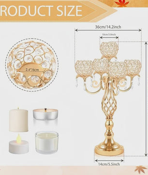 Gouden 5-armige Kristallen Kandelaar met Gedraaide Voet - Luxe Tafeldecoratie