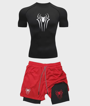 Heren Sport Set: Compressie T-shirt & Short met Spider Print