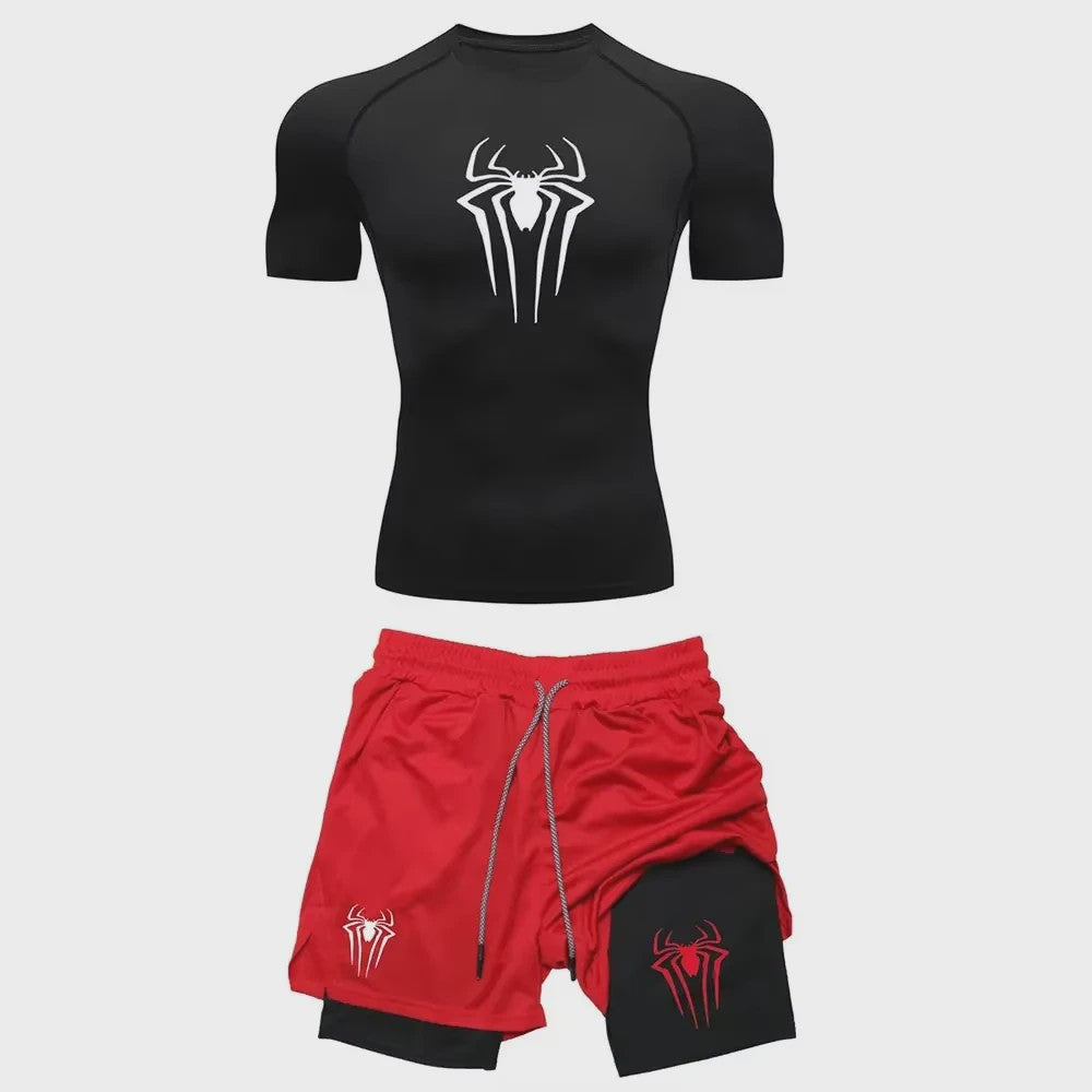 Heren Sport Set: Compressie T-shirt & Short met Spider Print