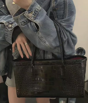 Luxe Vintage Croco Print Tote Bag - Ruime PU Lederen Schoudertas voor Dames
