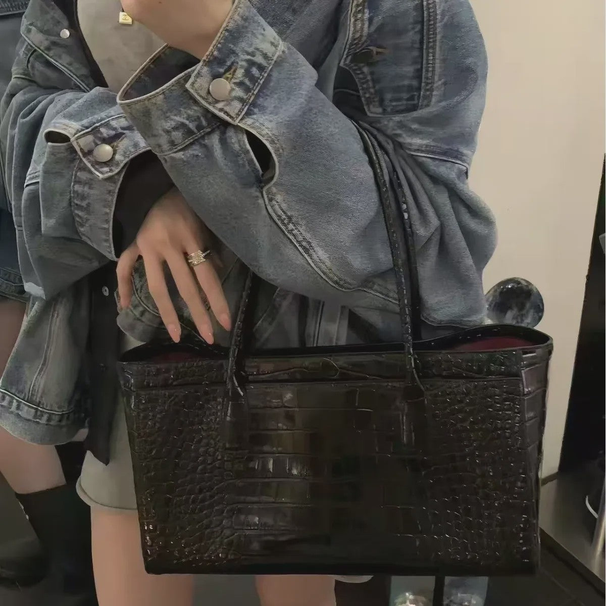 Luxe Vintage Croco Print Tote Bag - Ruime PU Lederen Schoudertas voor Dames