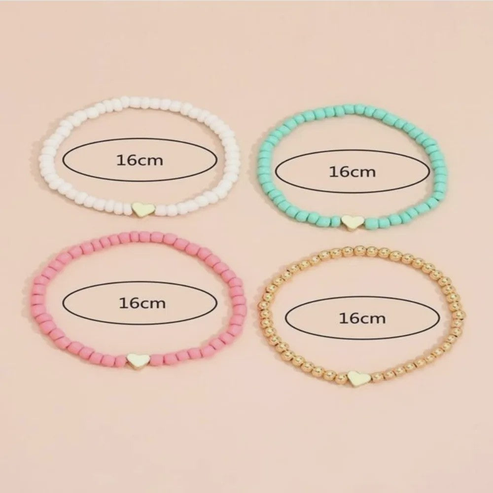 Set van 4 Bohemian Kralen Armbandjes met Hartje - Zomerse Beach Vibes