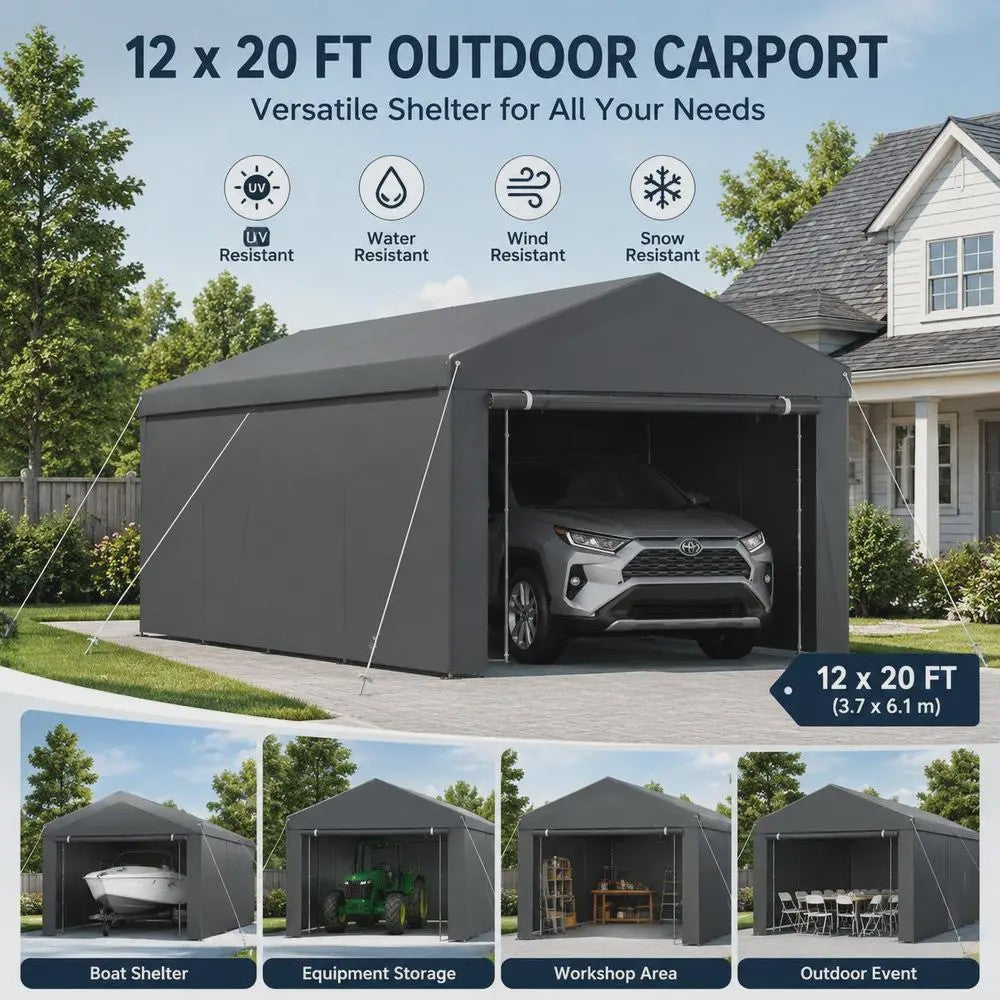 Robuuste Tent Carport 3.65 x 6.09 M - Jaarrond Bescherming met Afneembare Zijwanden