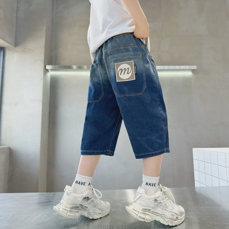 Stoere Denim Shorts voor Jongens | Zomerse Capri Broek met Gradient Kleur & Ripped Details | 5-14 Jaar