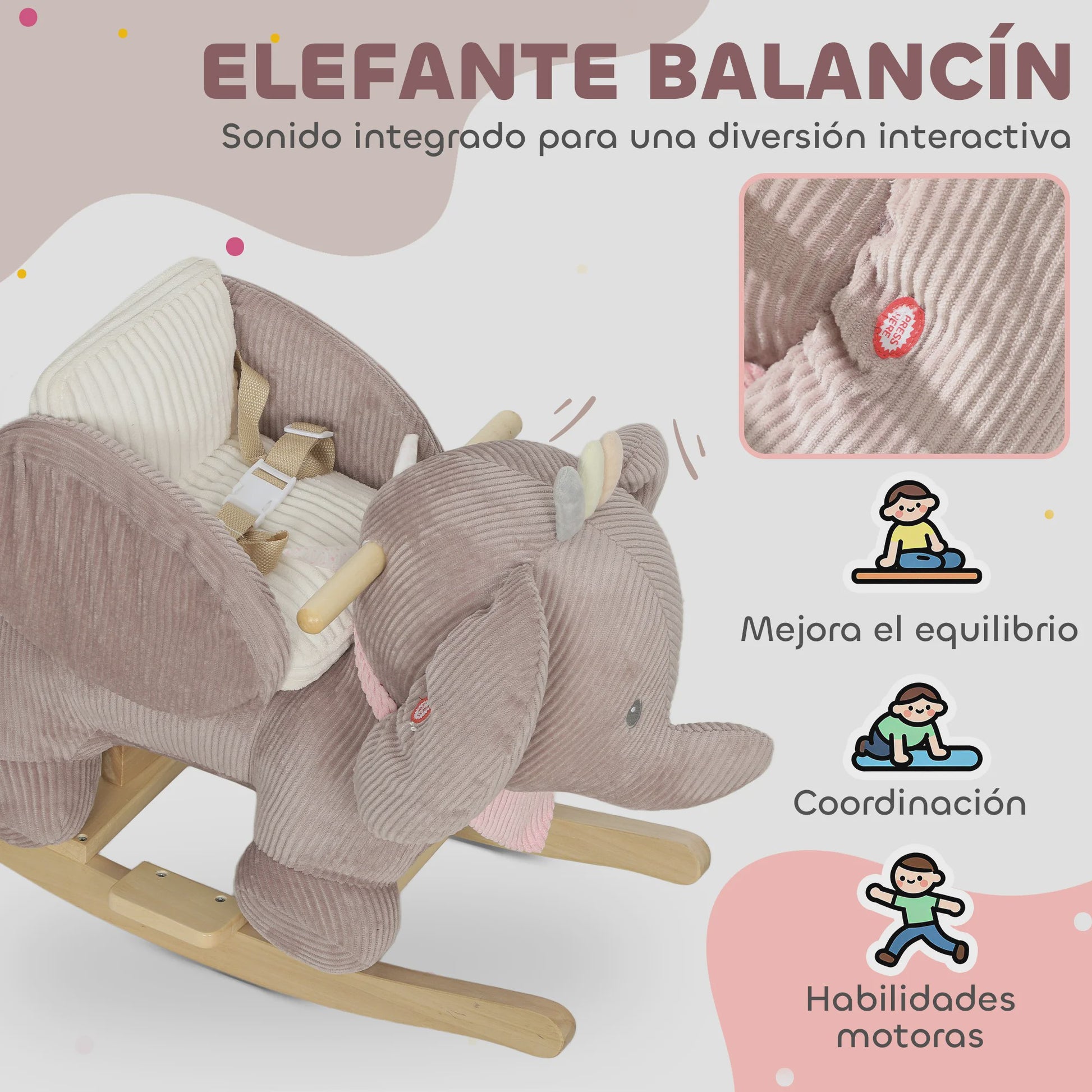Schattige Olifant Wipstoel met Geluid en Veiligheidsgordel - Houten Basis