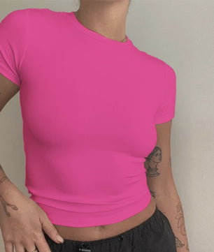 Dames Slim Fit Gebreid T-shirt met Ronde Hals - Korte Mouwen