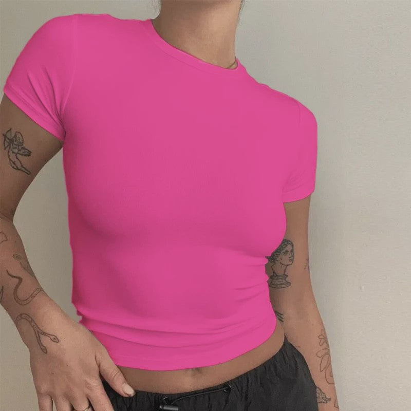 Dames Slim Fit Gebreid T-shirt met Ronde Hals - Korte Mouwen