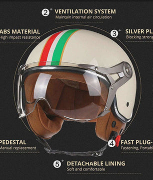 Retro Jethelm Open Face Motorhelm met Afneembaar Vizier - Vintage Scooter & Vespa Helm