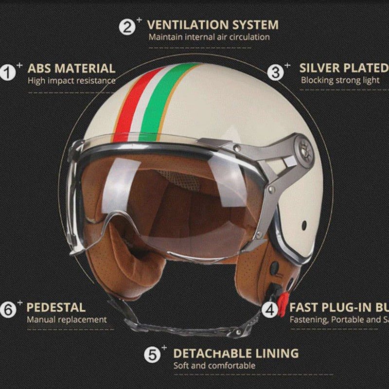 Retro Jethelm Open Face Motorhelm met Afneembaar Vizier - Vintage Scooter & Vespa Helm