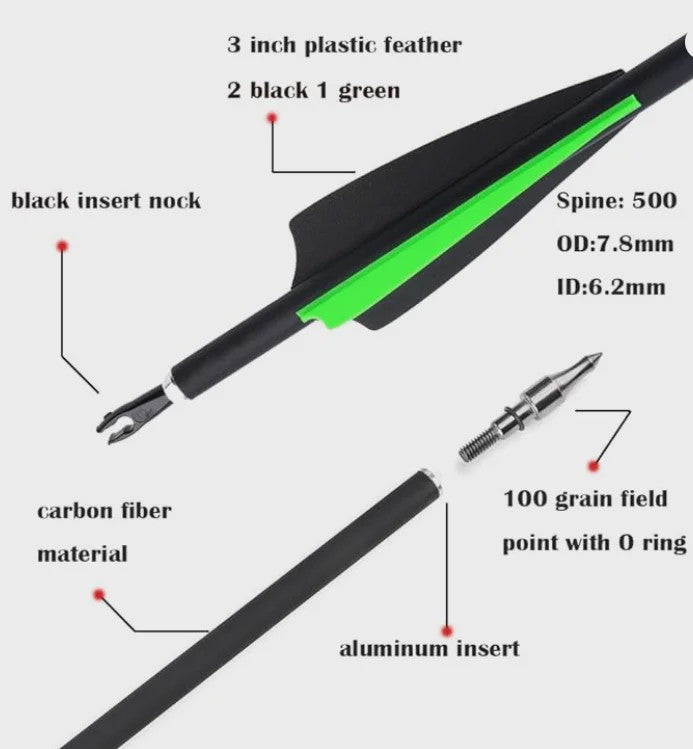 Set Carbon Pijlen SP500 - 6/12 Stuks - Verwisselbare Punts - Compound & Recurve Boog Schieten