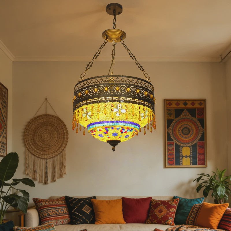 Handgemaakte Turkse Mozaïek Hanglamp - Vintage Marokkaanse Kroonluchter met Kleurrijk Glas