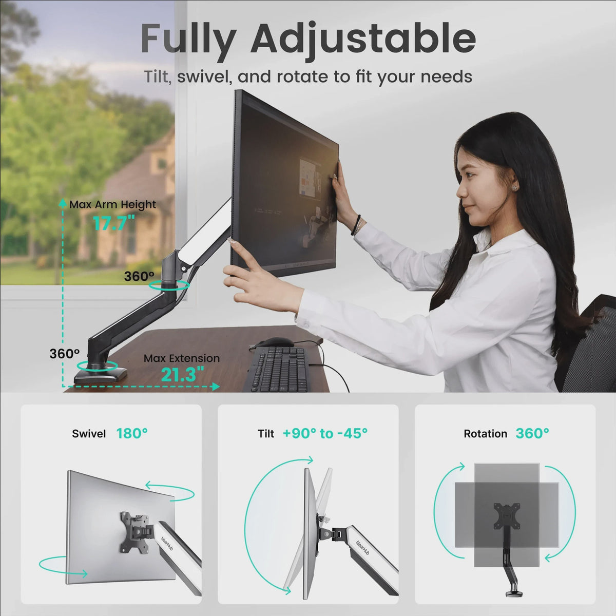 Nearhub Monitor Arm: Volledig Verstelbare Bureau Mount met 360° Rotatie & 180° Zwenkfunctie