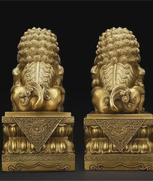 Set van 2 Koperen Feng Shui Leeuw Beeldjes - Symbool van Bescherming en Welvaart