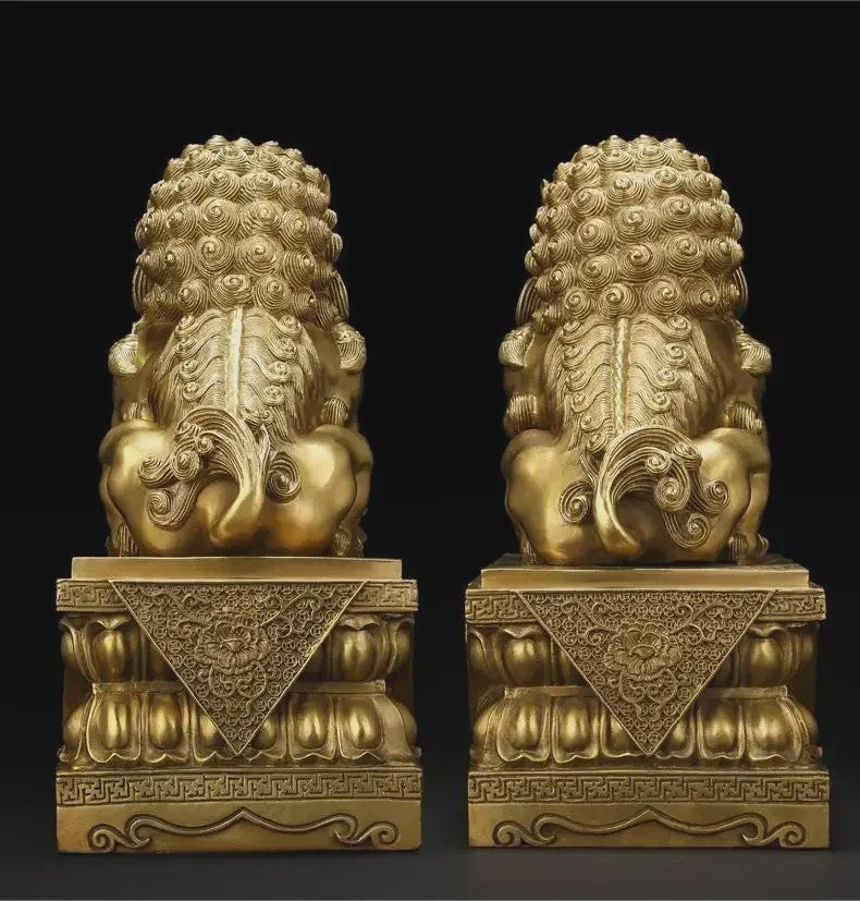Set van 2 Koperen Feng Shui Leeuw Beeldjes - Symbool van Bescherming en Welvaart