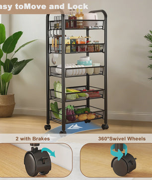 5-Laags Keuken Trolley met Wielen - Carbon Staal Opbergrek met Haken