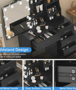 Kaptafel met LED Verlichting, Schuifspiegel en 4 Lades - Make-up Tafel