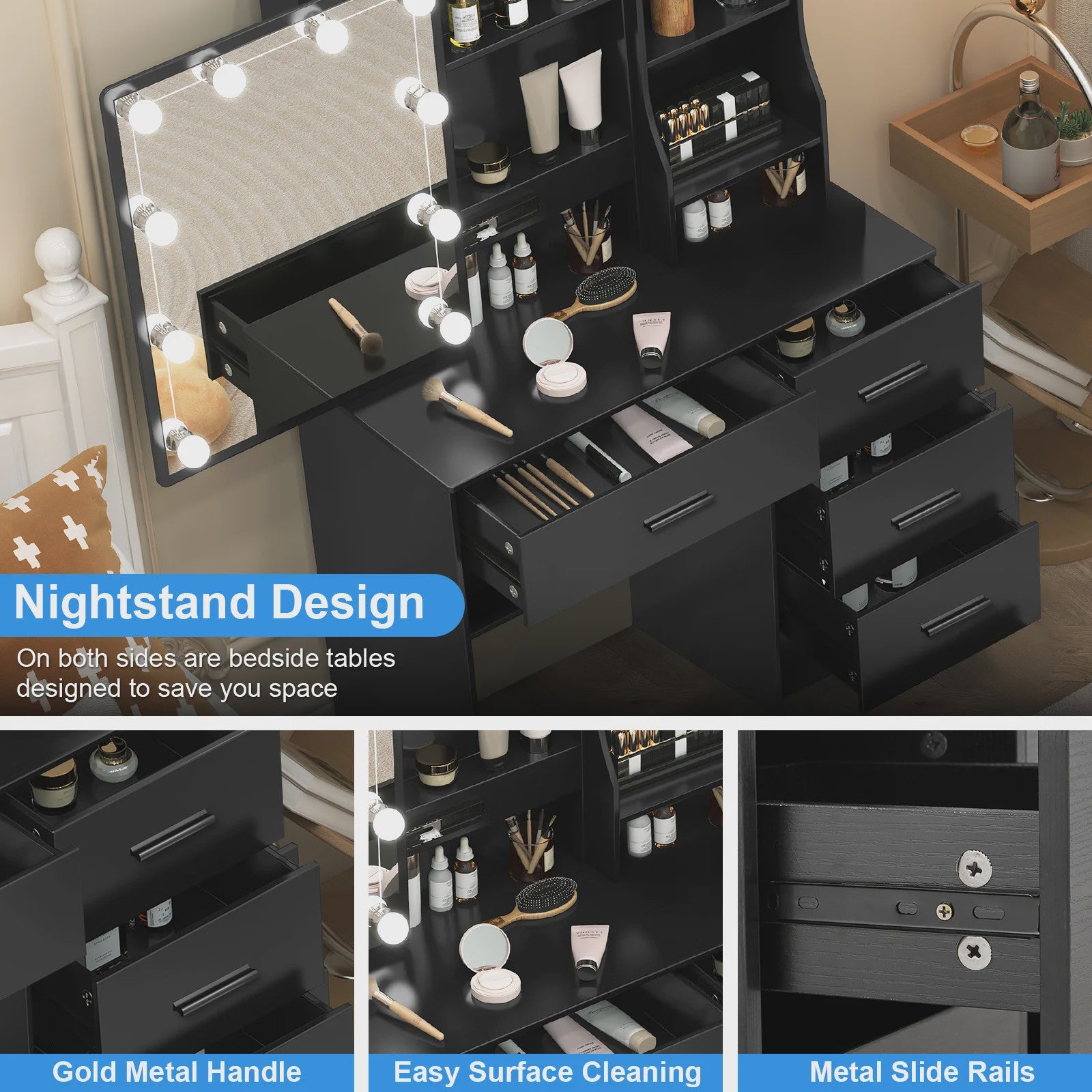 Kaptafel met LED Verlichting, Schuifspiegel en 4 Lades - Make-up Tafel
