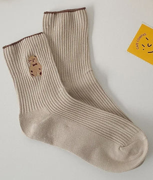 Zachte Katoenen Sokken met Berenprint - 5 Paar Kawaii Sokken voor Dames - Casual Herfst/Winter Stijl
