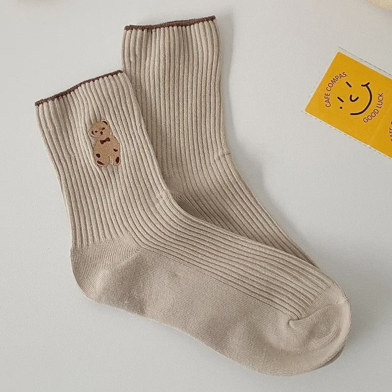 Zachte Katoenen Sokken met Berenprint - 5 Paar Kawaii Sokken voor Dames - Casual Herfst/Winter Stijl