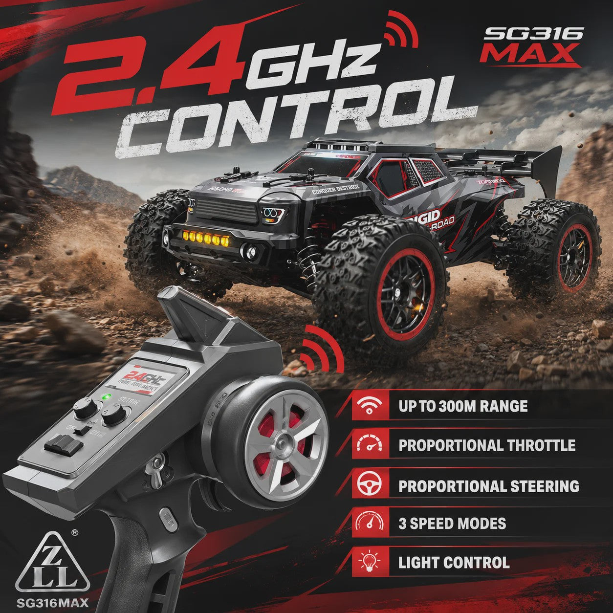 RC Crossauto 80 km/u - 1/16 4x4 Off-road Truck met LED Verlichting & 2.4G Afstandsbediening