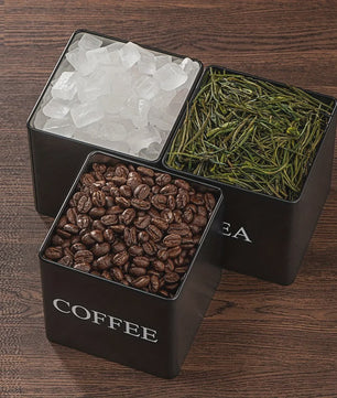 Set van 3 Keuken Potten met Bamboe Deksel - Voor Koffie, Thee & Suiker - Zwart/Wit - 500ml