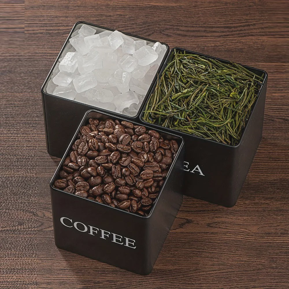 Set van 3 Keuken Potten met Bamboe Deksel - Voor Koffie, Thee & Suiker - Zwart/Wit - 500ml